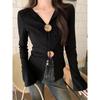 Hot Girl Black V-neck Button Slit Design Long-sleeved T-shirt Women's Autumn Pure Lust Lace-up Irregular Beautiful Top