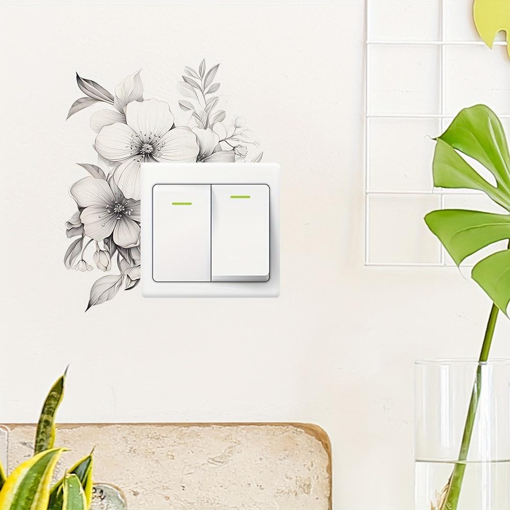 Classic Floral Wall Decal for Light Switch and Outlet, Black and White Flower and Leaf Pattern, Plastic Self-Adhesive Overlay for Home Decor