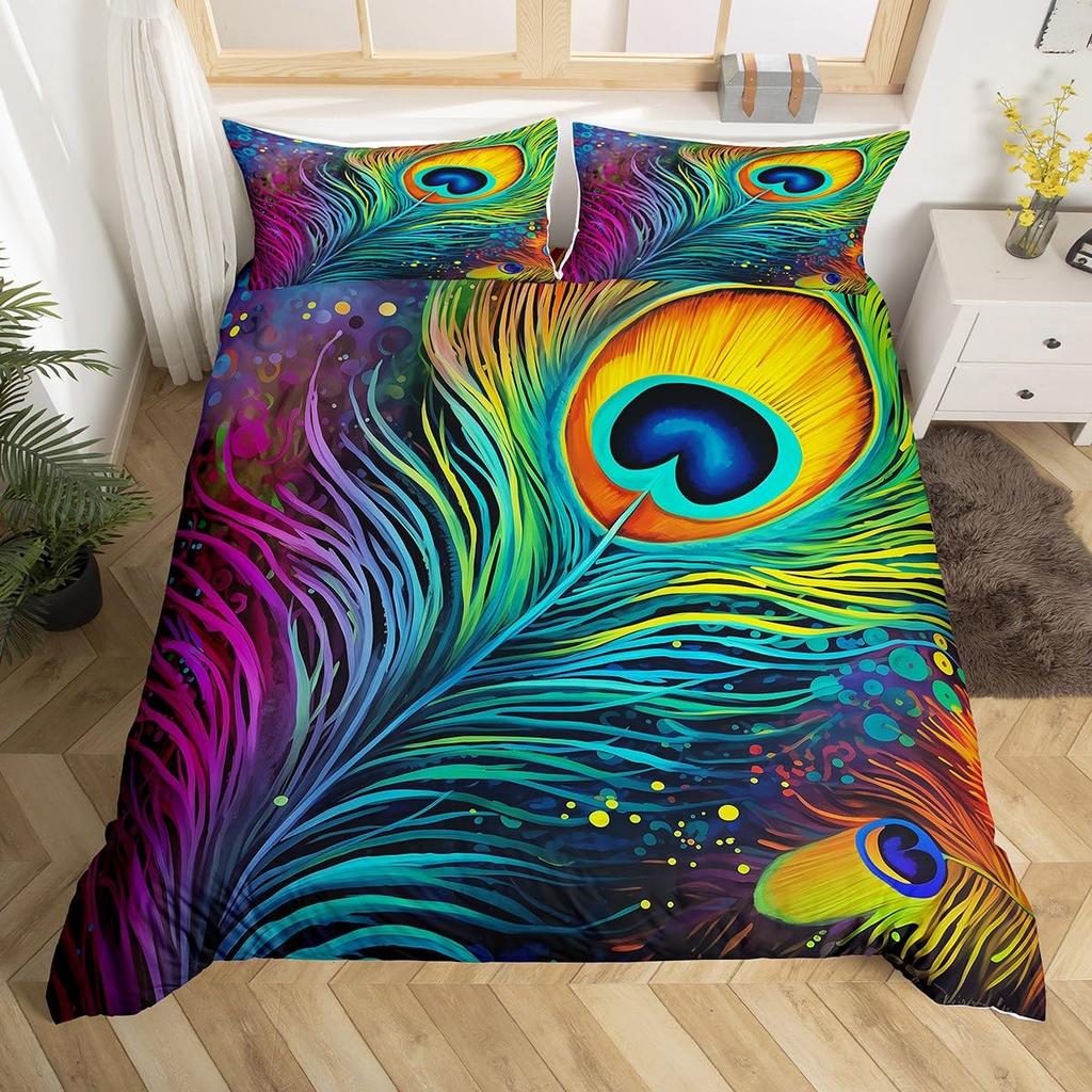 Peacock Feather Print Duvet Cover Set Queen Twin Bird Feathers Element Bedding Set Wild Animals Comforter Cover for Girls Teens