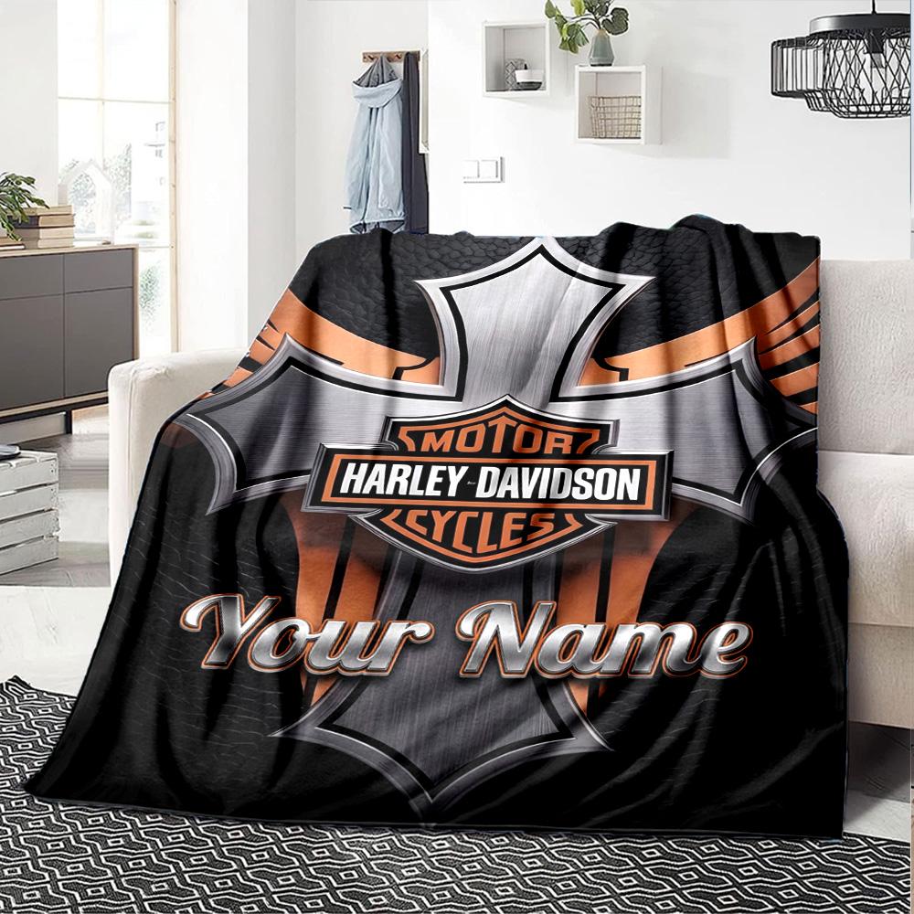 1pc HarleyDavidson Blanket with Custom Name, Gift, for Men and Women, Soft Blanket, Good for Sofa Bed Couch Travel, Lightweight Flannel Blanket