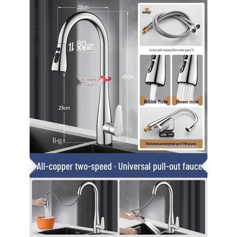 All-Copper Kitchen Pull-Out Faucet with 360° Rotation & Dual-Use Hot/Cold for Vegetable Sink