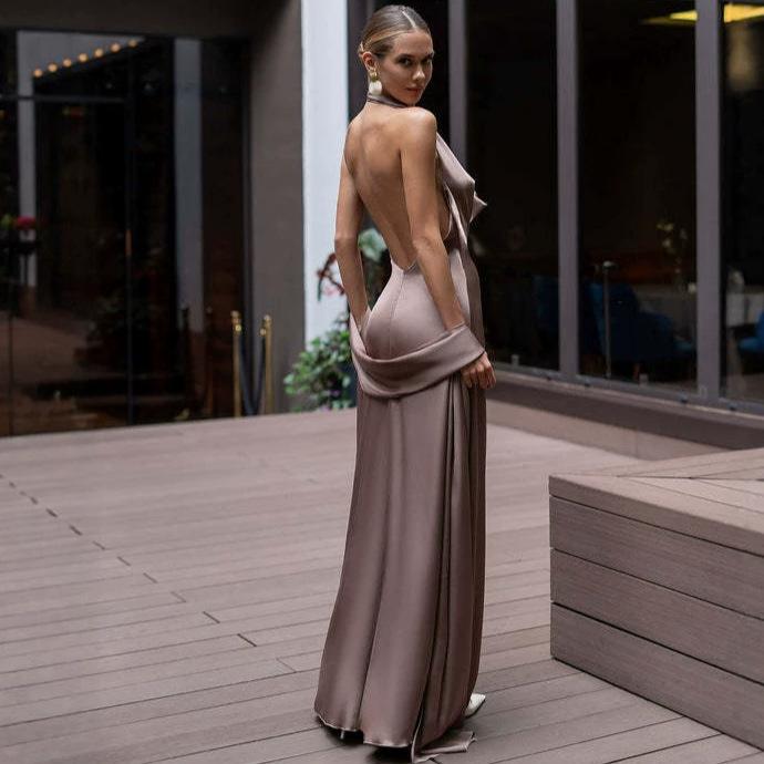 European and American Women's Clothing Spring and Summer Backless Neck Collar Sleeveless Long Dress Waist Hip-wrapped Streamer Dress
