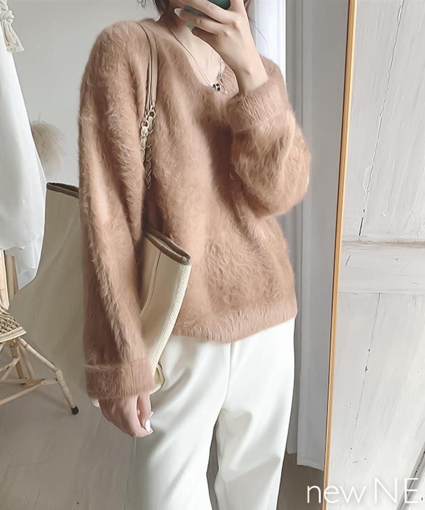 Fluffy Knit Warm Stylish Top for Fall and Loose Summer Long Perfect for and [newNE] Women's V-Neck Sweater, Casual, Fluffy, Pullover, Winter, Simple,