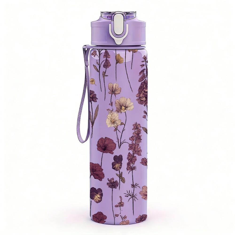 1PC Purple Lavender Floral Bouquet Print 750ml Color Plastic Sports Water Bottle Leakproof Flip Straw Lid Suitable for Sports Office Home Use