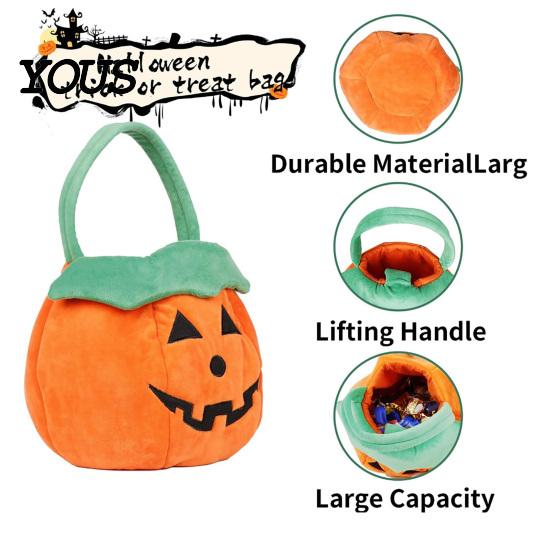 Portable Candy Container for Halloween Pumpkin Plush Tote Bucket, Cute Trick-or-Treat Bag, Trick or Treat Bucket Basket with Handle Kids Girls