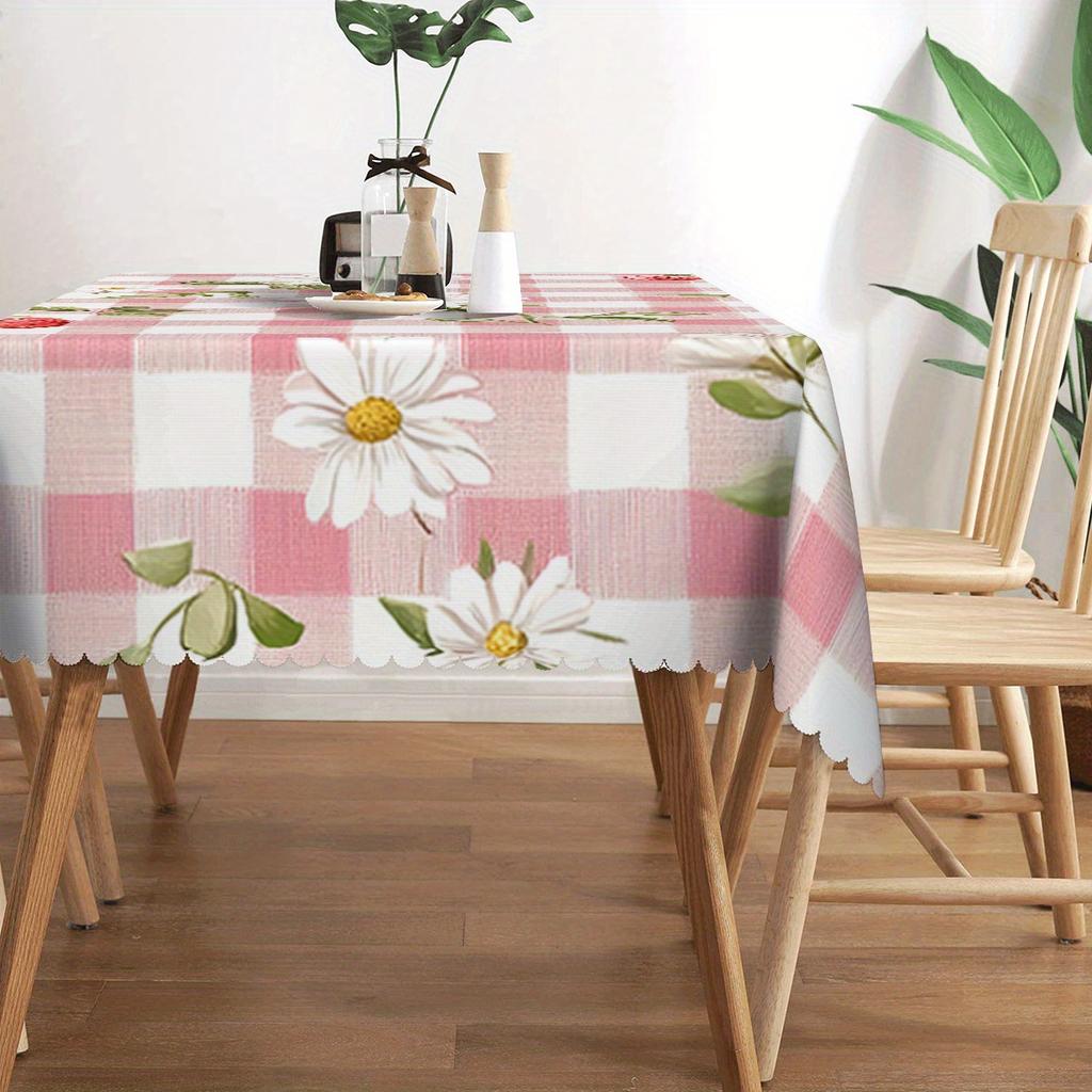 Cute Floral Checkered Tablecloth, Pink & White Plaid with Daisies & Strawberries, Durable with Scalloped Hem, for Indoor Dining