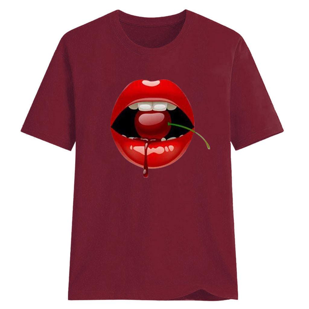 Women Girls Plus Size Lips Print Shirt Short Sleeve T Shirt Blouse Tops