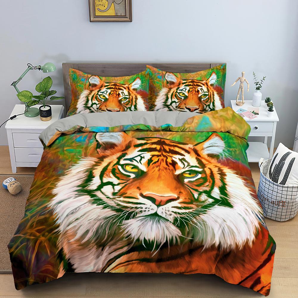 Comforter 3D Tiger King Queen White Black Wild Animal Bedding Set For Kids Teens Adults Wildlife Grey 2/3Pcs Soft