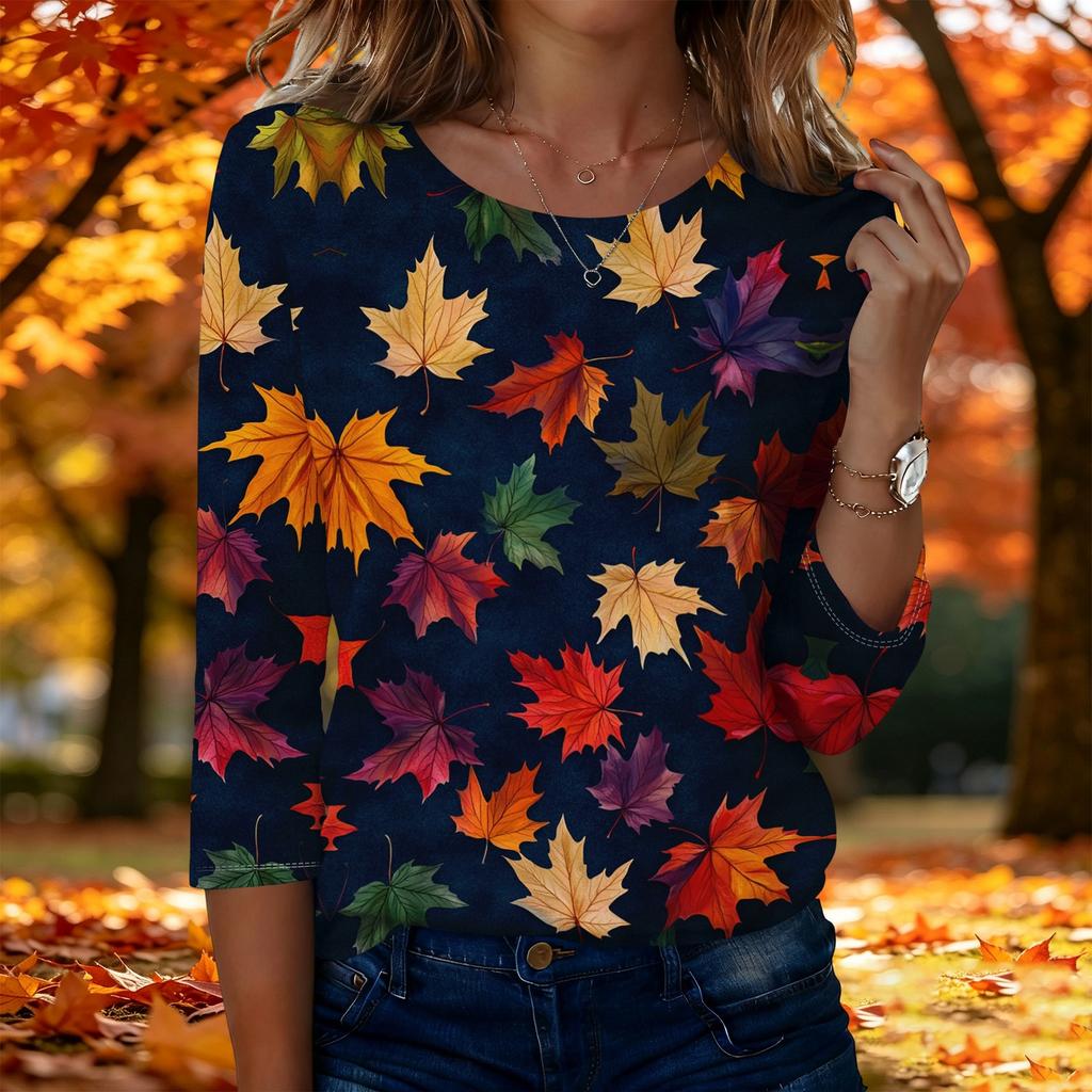 Women's Casual 3/4 Sleeve Printed Top - Maple Leaf Pattern Round Neck Blouse for Fall