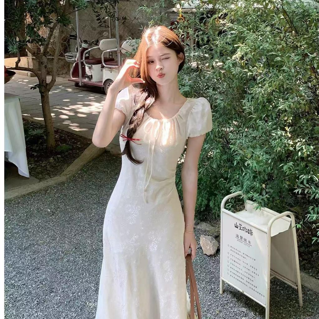 Summer waist temperament design senior sense gentle long dress French coffee break elegant jacquard short sleeve dress female tide
