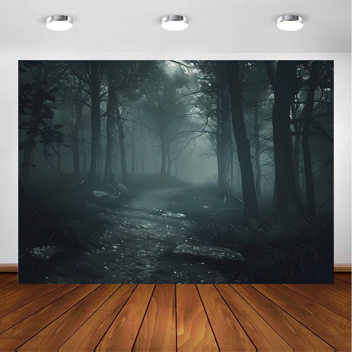 1 AI art background - Mysterious foggy forest trees - Halloween photography background - Withering woods 100x150cm