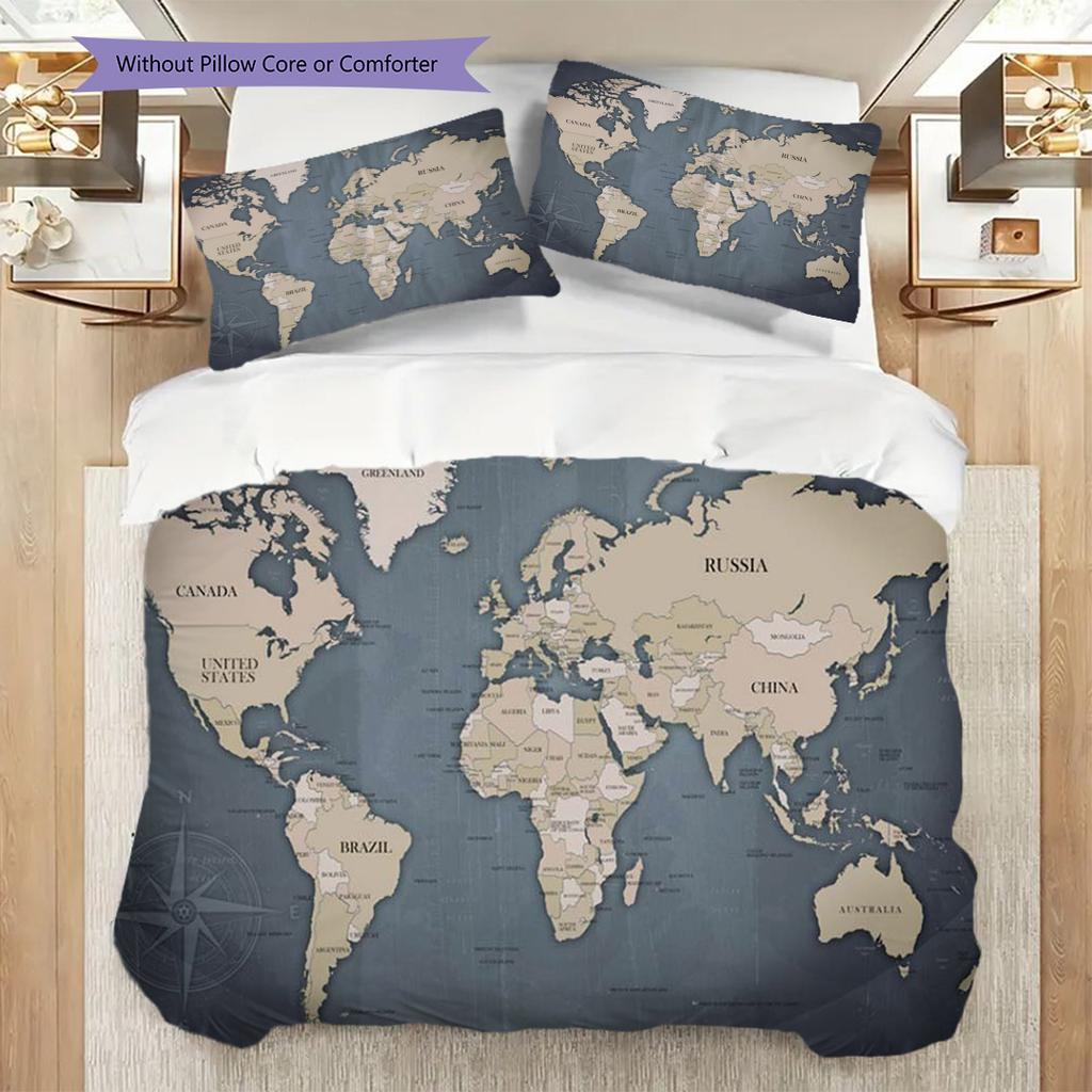 Vintage World Map Artistry Bedding (1 * duvet cover + 2 * pillowcase, without core) 2D Flat Christmas birthday gift Soft and comfortable Bedding set