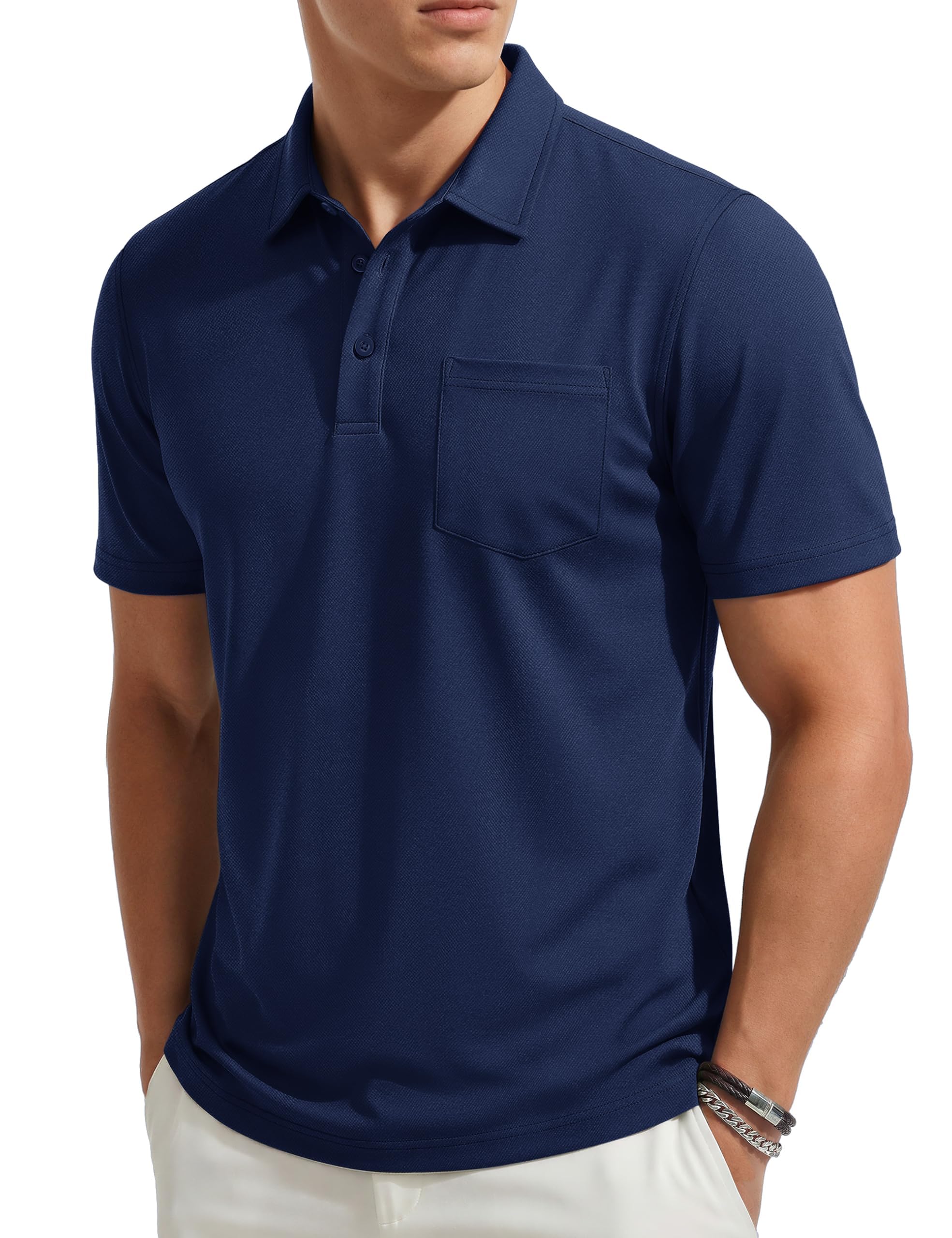 

[TACVASEN] Men s Short-Sleeved Polo Shirt, Business Wear, Summer Clothes, Cotton, Golf Wear, with Pocket, Lightweight, Tennis, Hiking, Cooling Touch S