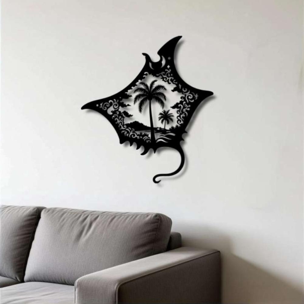 1pc Black Manta Ray Iron Wall Art, Tropical Palm Tree Ocean Scene, Modern Coastal Decor for Beach Bedroom Living Room, Travel Lover Gift, Easy Hang