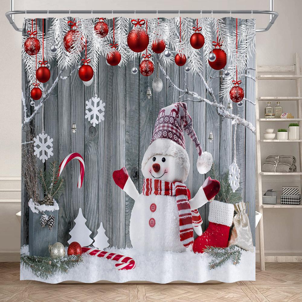Winter Christmas Shower Curtains Town Street Snowman Snow Mountain Scenery New Year Xmas Home Bathroom Decor Bath Curtain Set