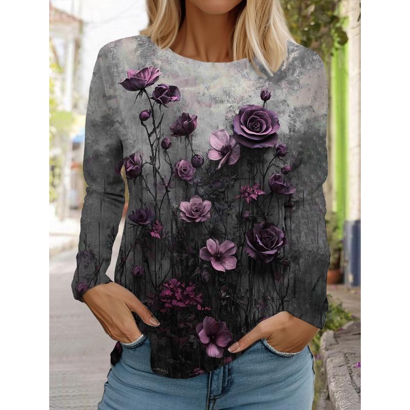 Women's 3d printed flower T-shirt fashion long-sleeved round neck regular tops holiday weekend blue spring and autumn wear