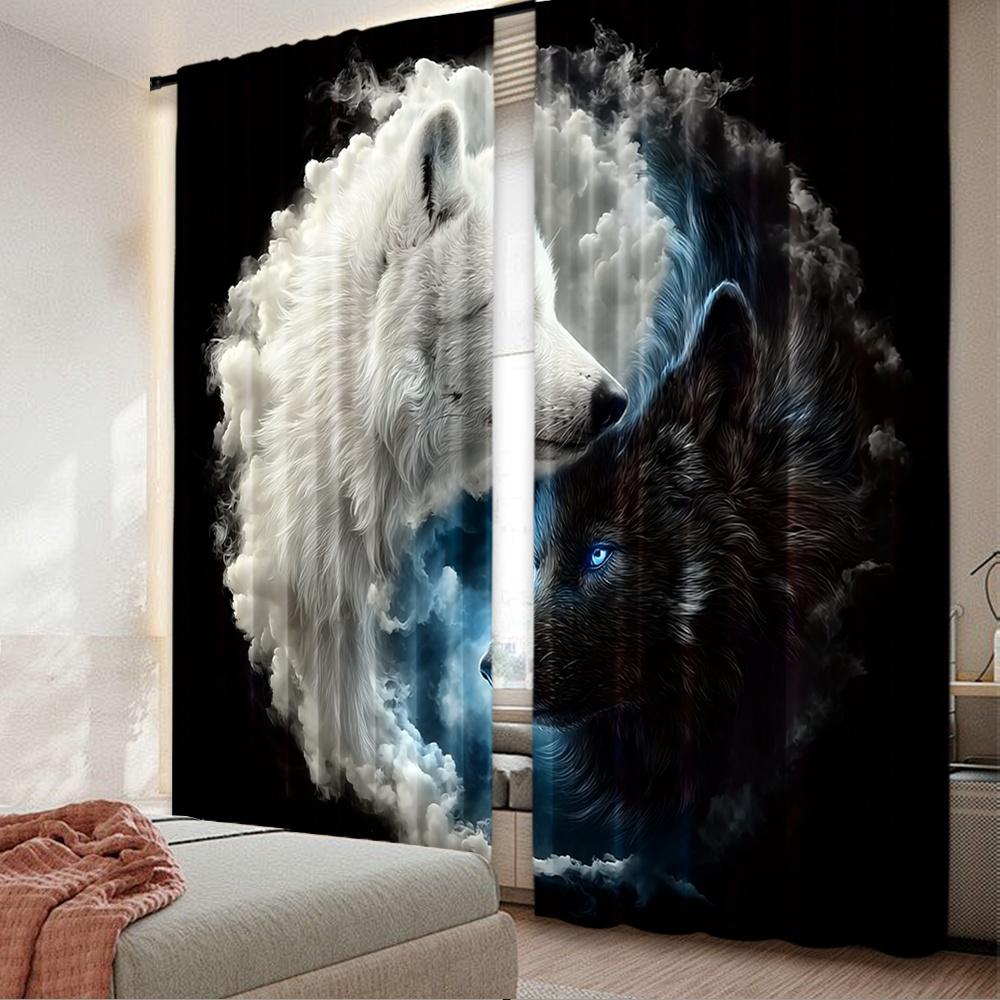 

2pcs 2D flat printing Merry Christmas Curtains YinYangWolves Digital Printed Polyester Drapes Festive Curtains for Holiday 100*130 HOOK 1pcs