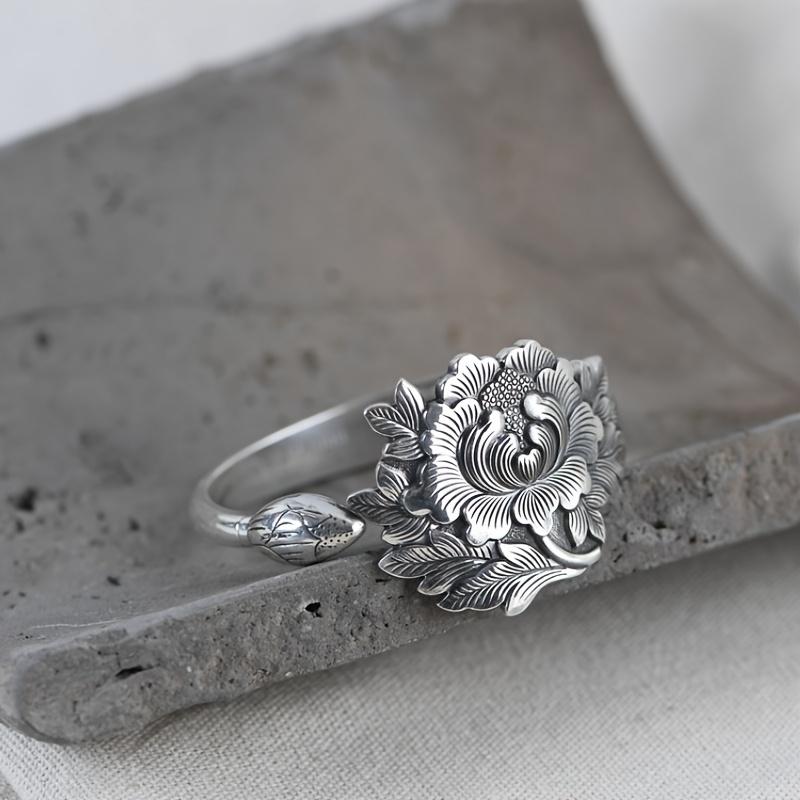 Vintage925Pure silver peony flower ring Adjustable Open-Closed Ring for Women, Exaggerated Wide Ring Daily and gift occasion New Year's jewelry is