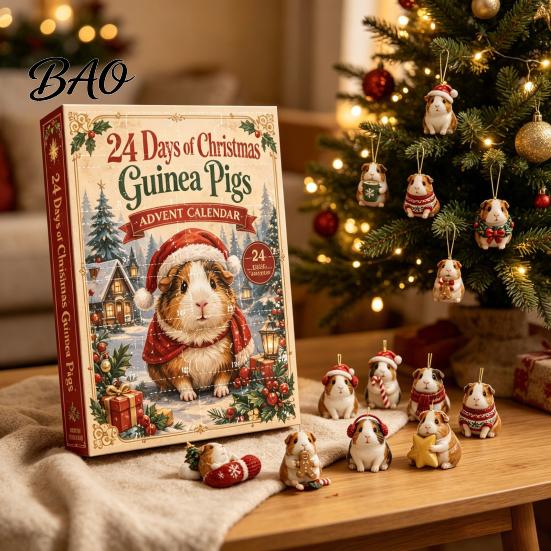 24denní překvapivý kalendář Králík morčecí adventní kalendář, 24denní akrylová 2D sada ozdob s vánoční výzdobou domu, vánoční oblečky, závěsy na stromek