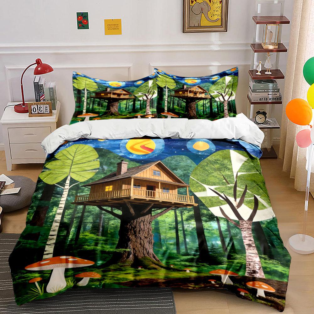 

Treehouse and forest scene. Bedding sets Duvet cover sets Duvet covers Pillowcases(1 * Duvet Cover 2 * Pillowcases without duvet insert) 135x200cm