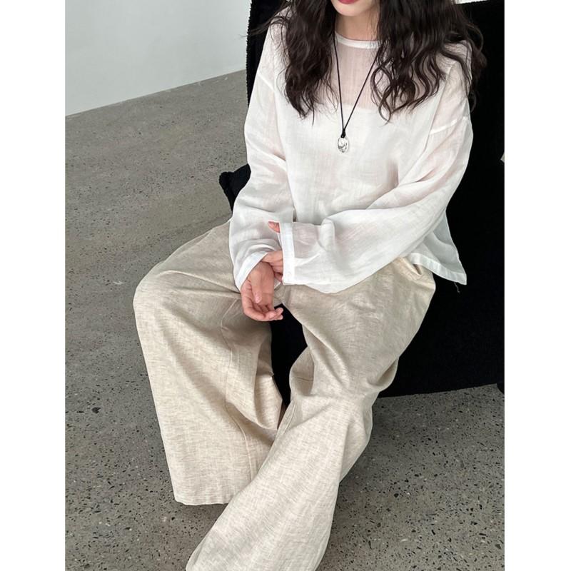 Johnature Simple Casual Straight-leg Pants Women Loose Comfortable Long Solid Color Full Length Wide-leg Pants For Summer