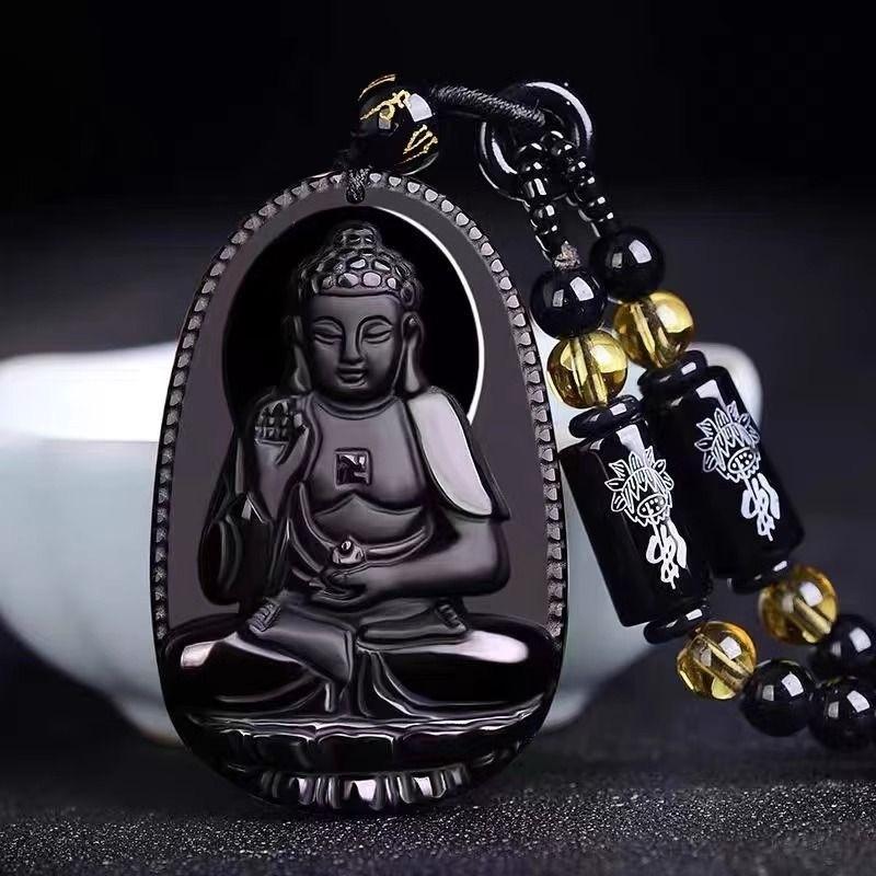 Black Obsidian Buddha Pendant Carved Design Beaded Chain Daily Wear Lucky Gift For Men Women