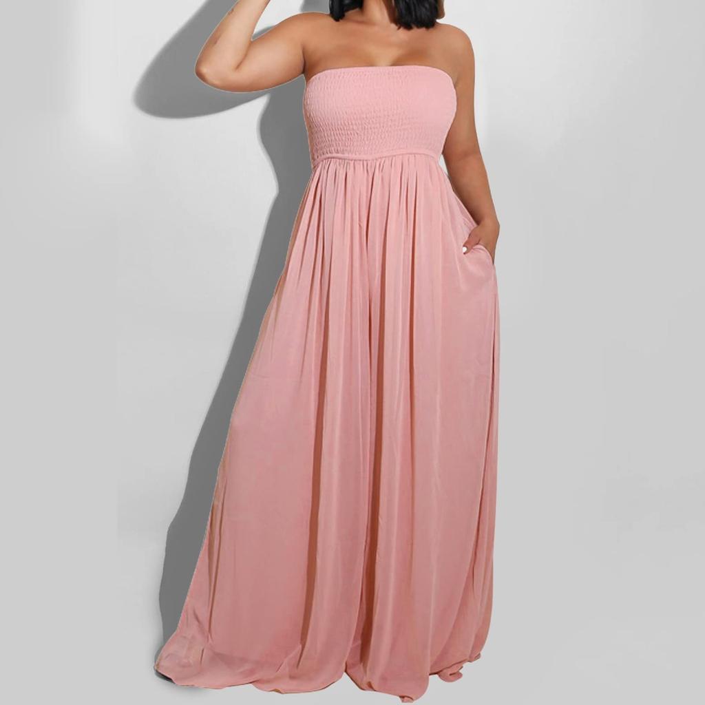 Women's Plus Size Strapless Tube Top Wide Leg Pants Jumpsuit Baggy Off Shoulder Overalls Smocked Romper With Pockets