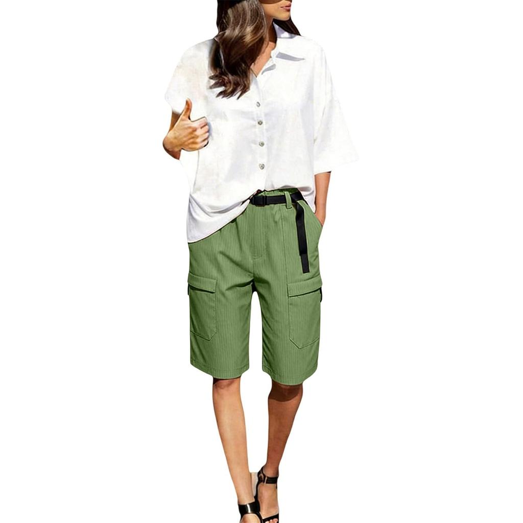 Women Loose Fit Straight Leg Multi Pocket Cargo Shorts with Belt High Waist Elastic Waistband Casual Style Trousers