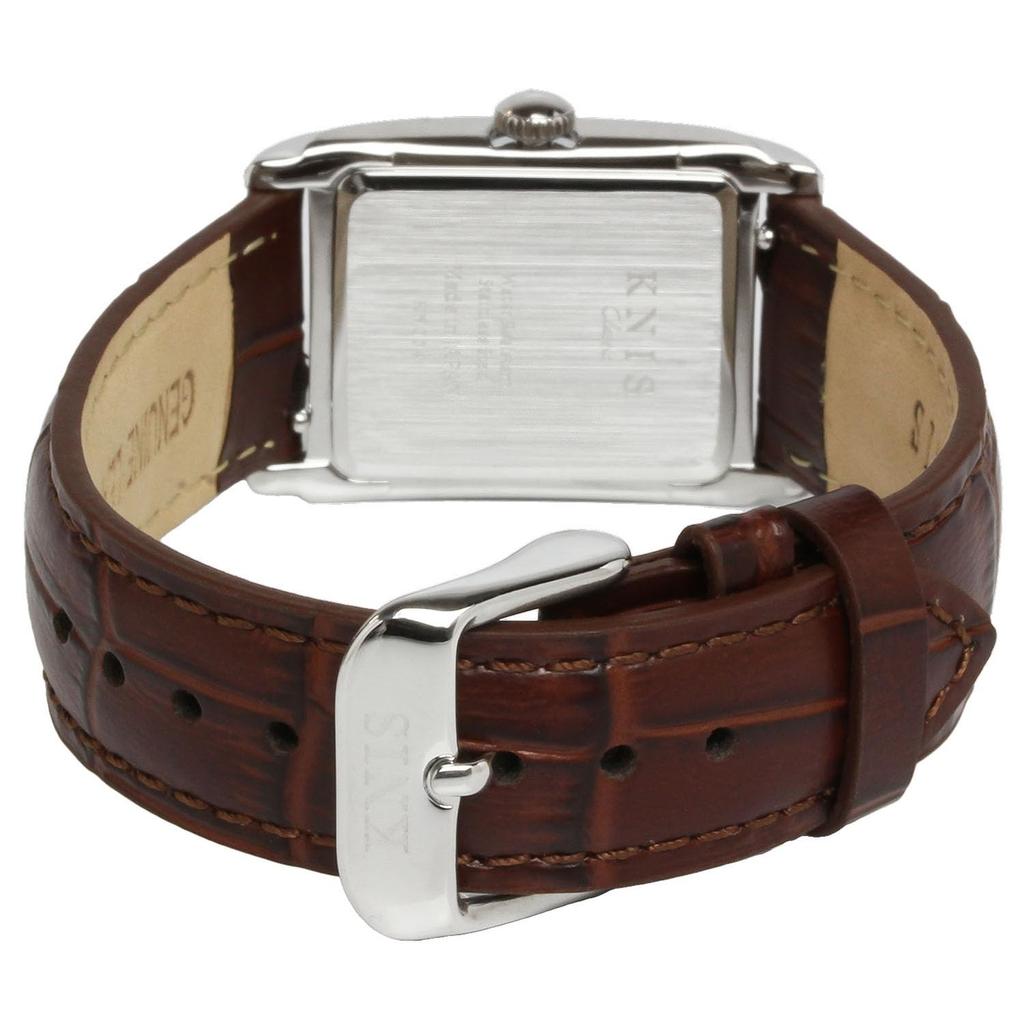 KNIS Kyoto Japan KN004-GDBRC Unisex Classic Rectangular Watch Quartz White Dial Roman Numerals Silver Brown Croc-Embossed Leather 3ATM Water Resistant