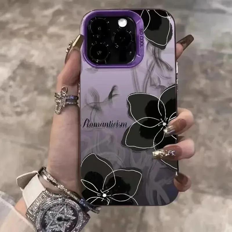 Vintage schwarzes Blumenmuster Handyhülle Für iPhone 17 11 13 12 Pro Max 16E 16 15 14 Plus Bunt Silber lMDStoßfeste Rückseite Handyhülle