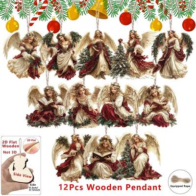 12Pcs New Handcrafted Victoria Angel Ornament Set 2D Flat Wooden Xmas Tree Pendant Window Display DIY Christmas Decorations