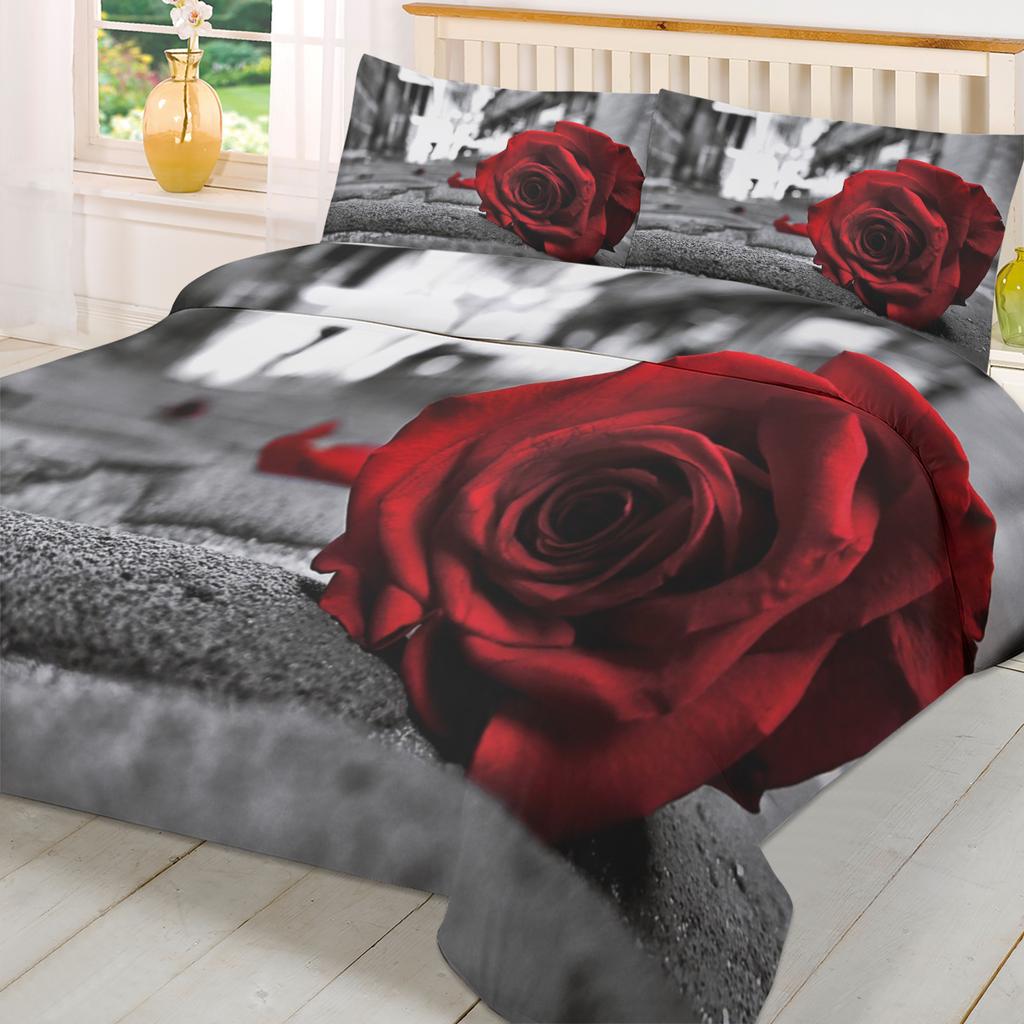 Rosenrote Blumen Retro Straße Bettbezug mit Kissenbezug Kundenspezifisches 3-teiliges Bettwäscheset Steppdeckenbezug Doppelbett Heimtextil