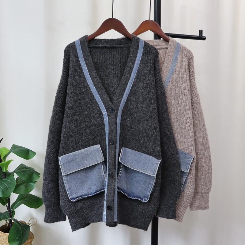 Splicing Denim Pocket Knitted Cardigan Autumn and Winter New Loose Lazy Wind Sweater Jacket Women