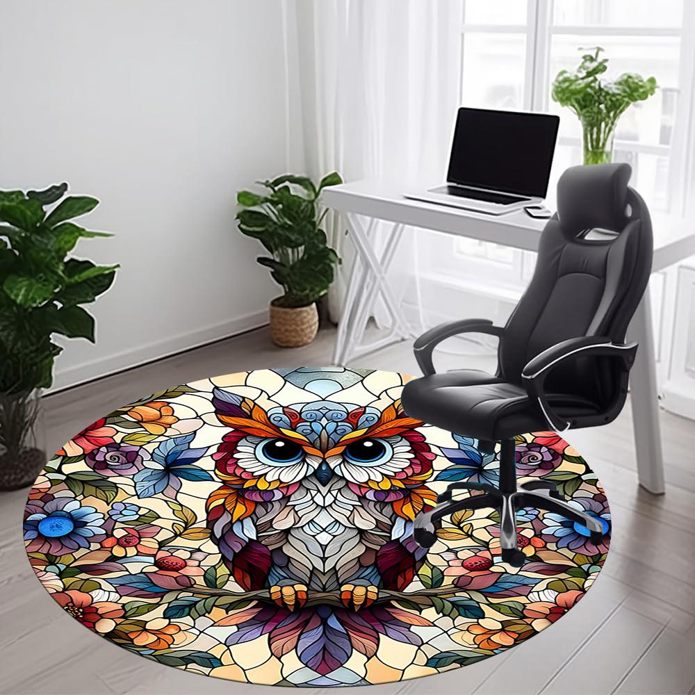1pc Stained Glass Owl Office Round Area Rug, Indoor Mat Suitable ForOffice, Under Office Chairs Bedroom Living Room Home Decor, Room Deco D149
