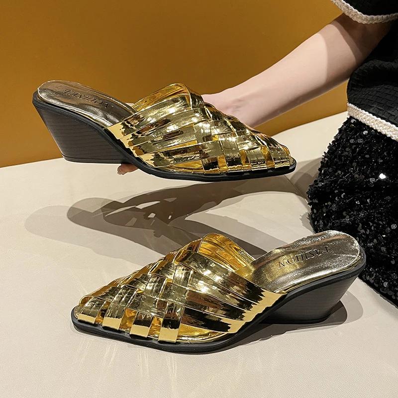 Fashion Summer Women Slippers Pointed Toe Slip On Ladies Shoes Fashion Lightweight Weave Slippers Platform Wedge Sandals Slides Women