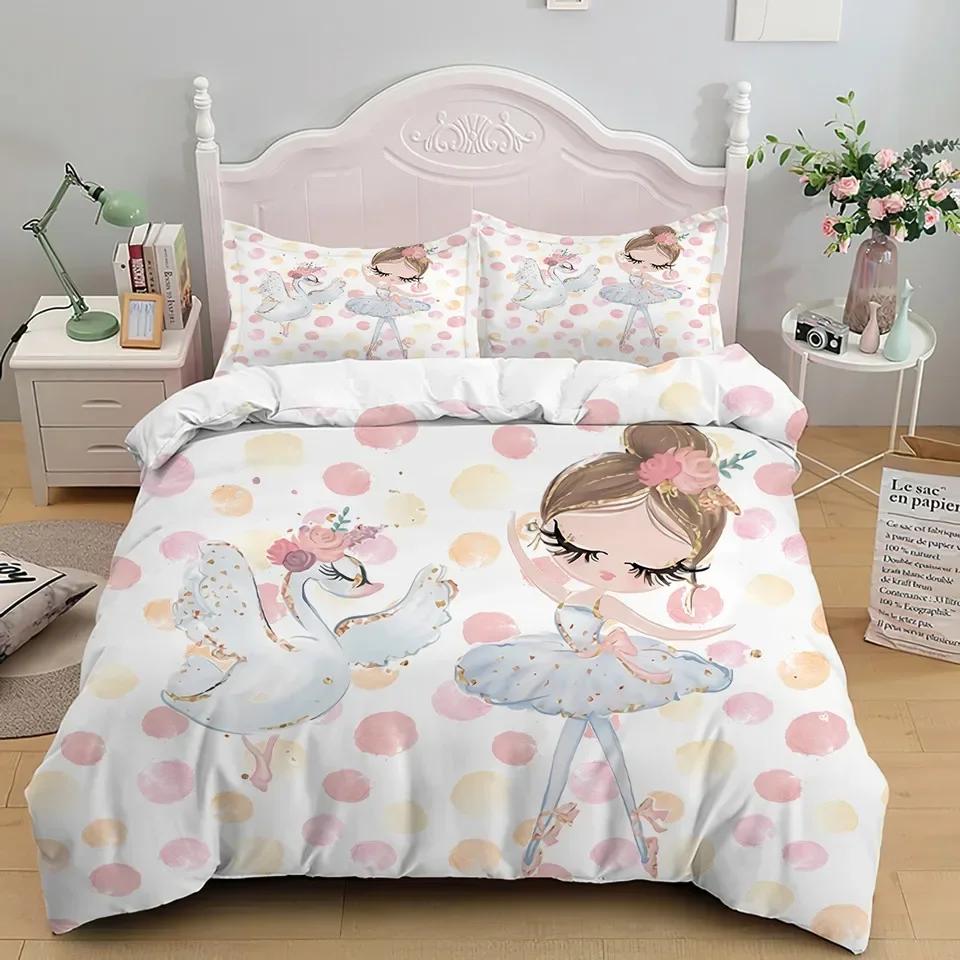 Cartoon Ballet Dancing Girl Comfortable Duvet Quilt Cover Pillowcase Bedding Set Children Bedroom Decoration Home Textile