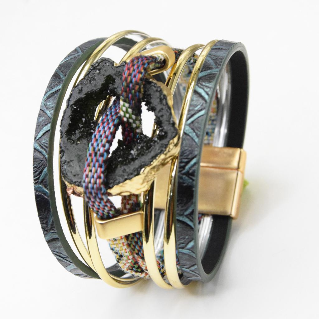 Multi Layer Geometric Hollow Bangle PU Leather Ethnic Style Woman Versatile Bangle Jewelry Accessory