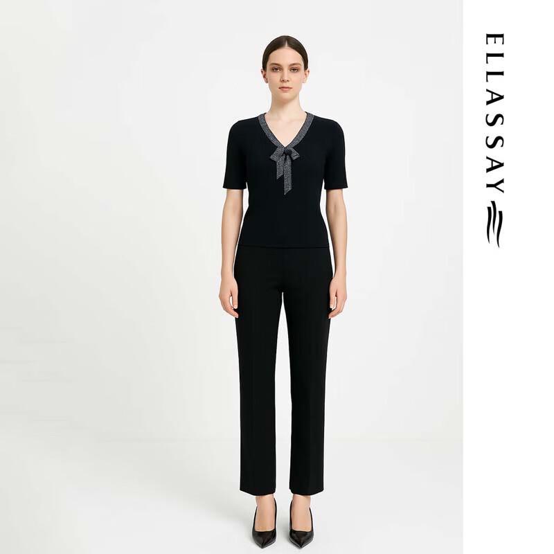 ELLASSAY Women's Elegant Ribbon V-Neck Knit Top