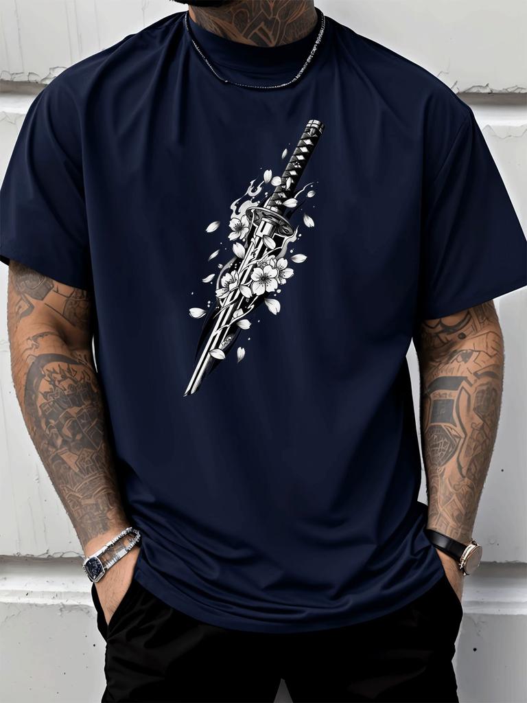 Unisex Summer Red Short Sleeve T Shirt Japanese Katana Sakura Print Casual Oversized Tee Streetwear Hip Hop Loose Male Daily Top