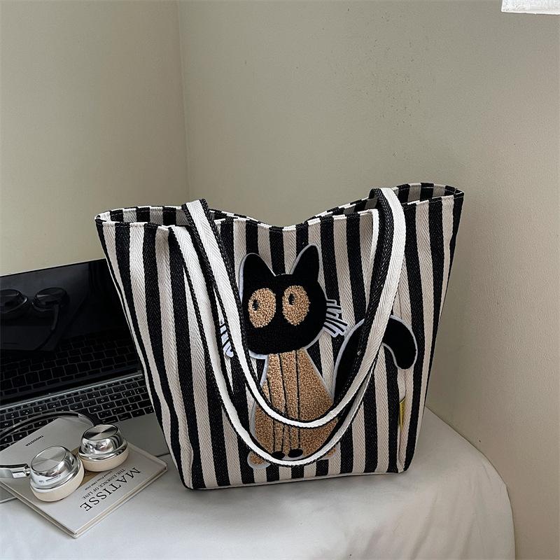

Vintage Style Cute Cat Pattern Shoulder Bag Stripe Large Capacity Travel Women s Handbag Soft Shopping Tote Bag чёрный
