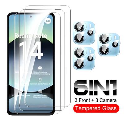 6 In 1 [3+3] For Redmi Note 14 5G 4G Clear HD Screen Protector Tempered Glass + Lens Film Camera Len Film Note14  Case