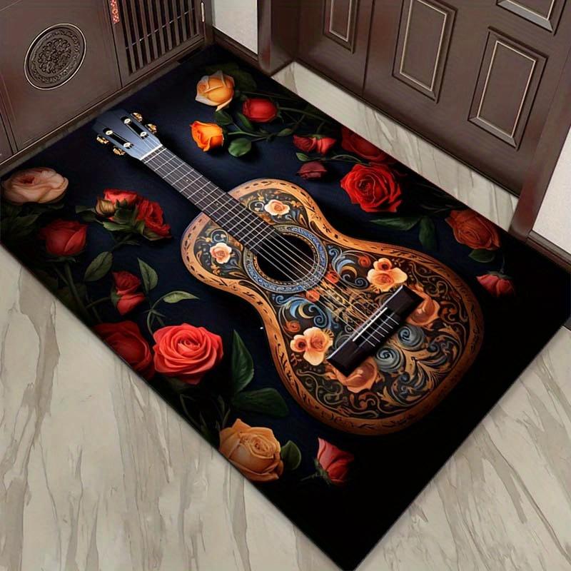 Rose Guitar Rug: Romantic Floral Design for Living Spaces | Musical Instrument Art | Elegant Black Background Carpets