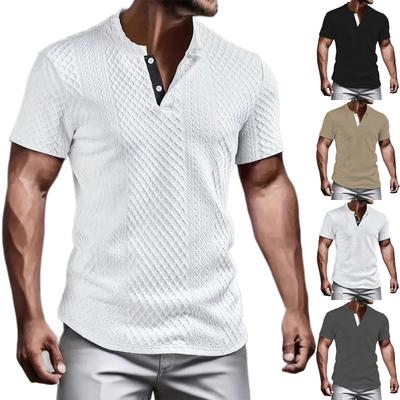 Men's Summer Casual Solid Color  Fabric Round Neck Open Tube Button Short Sleeve T-Shirt Tops