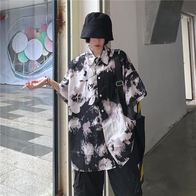 Harajuku Punk Women's Shirt Gothic Black Blouse Tie Dye Korean Oversize Short Sleeve Loose Tops Casual Clothes Style