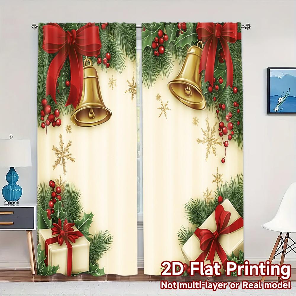 

Set Of 2 Curtains Christmas Bow Bells Holly Gift Minimalist Versatile Polyester Decorations Perfect Modern Made W100*H70(CM)-Hooks&2PCS