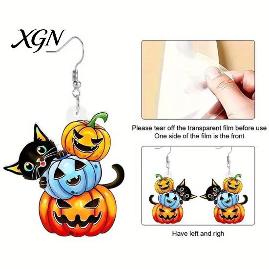 Fun Autumn Seasonal Jewelry 1 Pair Halloween Drop Dangle Earrings for Women, Acrylic Pumpkin Hypoallergenic Sensitive Ears Black Cat Earrings, Holiday