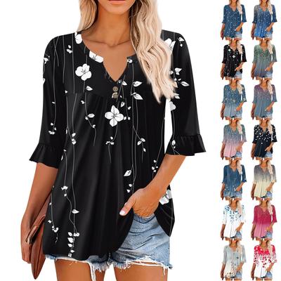 Tops à manches 3/4 pour femmes T-shirts décontractés à volants et col en V Chemisiers de travail Tuniques habillées