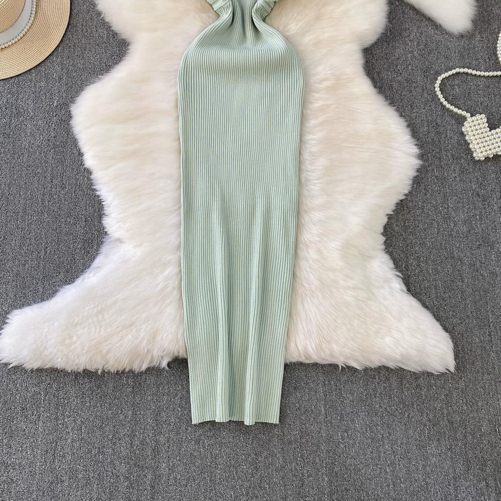 Summer Women Elegant Sleeveless Hollow Out Office Work Midi Knitted Sweater Pullover Sheath Dresses For Ladies