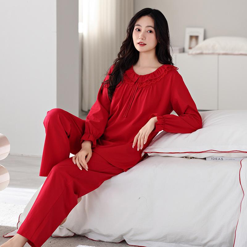 Pajamas With Chest Pads Women'S Pure Cotton Long-Sleeved Loungewear Princess Style Red Wedding Suit