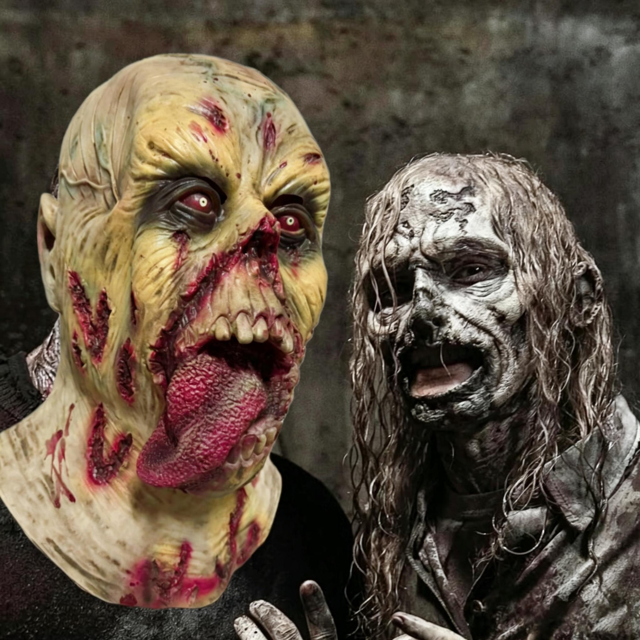 Red-eyed, tongue-out zombie latex mask One size fits all adults